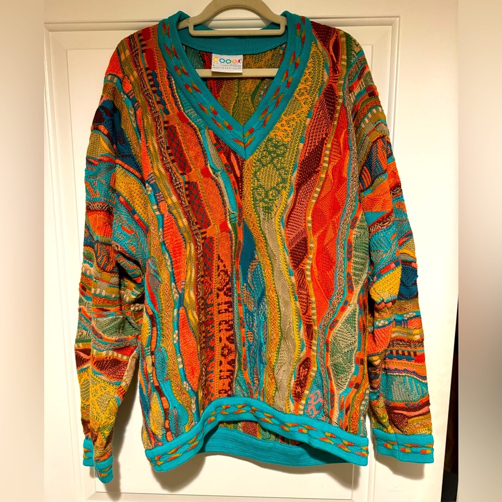 Rare Vintage COOGI Sweater With Hidden Face WOW Orange Tribal Pattern